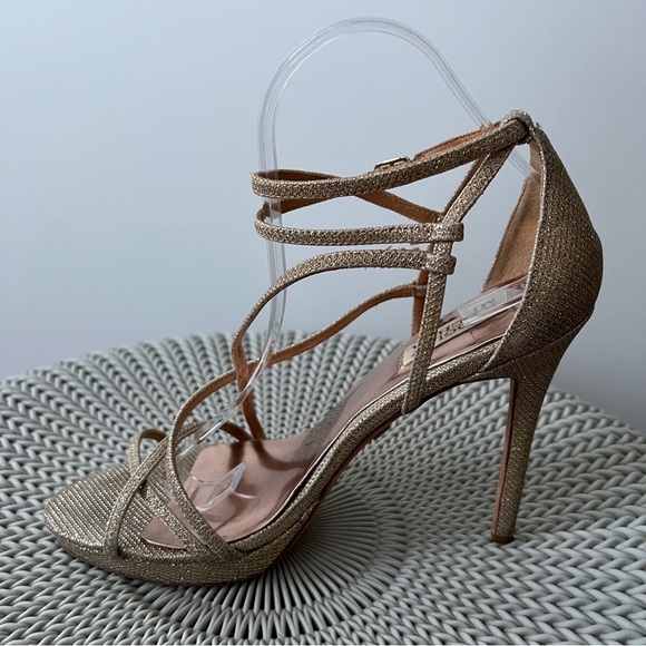 Badgley Mischka Glittery Metallic Gold Leather Strappy High Heel Sandals - Picture 3 of 8